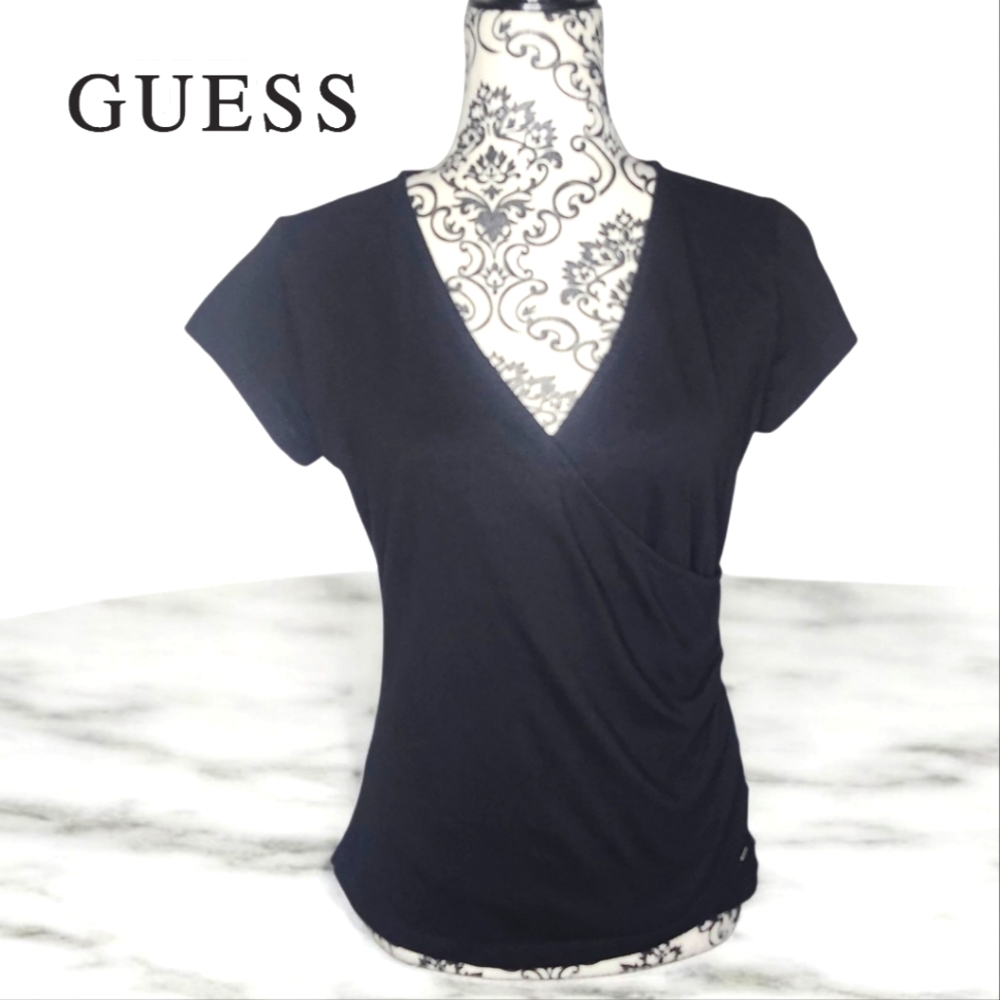GUESS Black V-Neck Wrap Top - Large